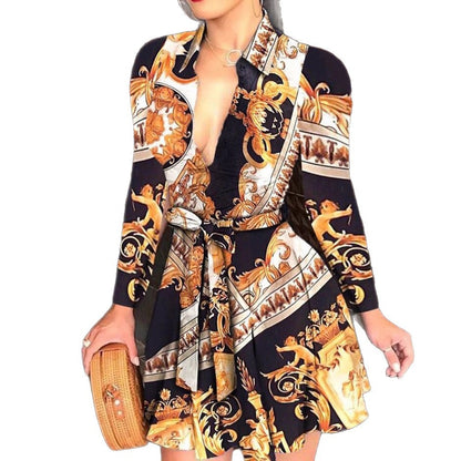 Printed A-Line Shirt Dress with Tie-Waist