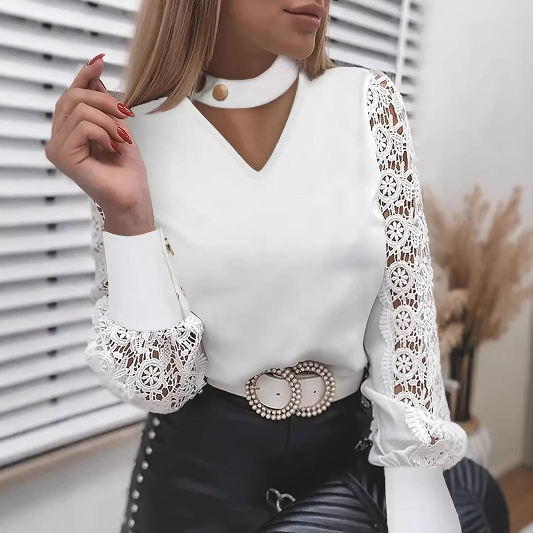 Pullover Blouse with Choker V-Neck and Lace Sleeves