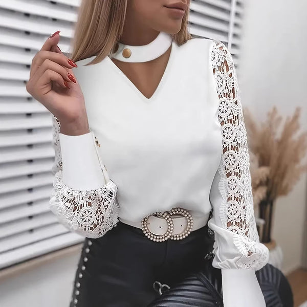 Pullover Blouse with Choker V-Neck and Lace Sleeves