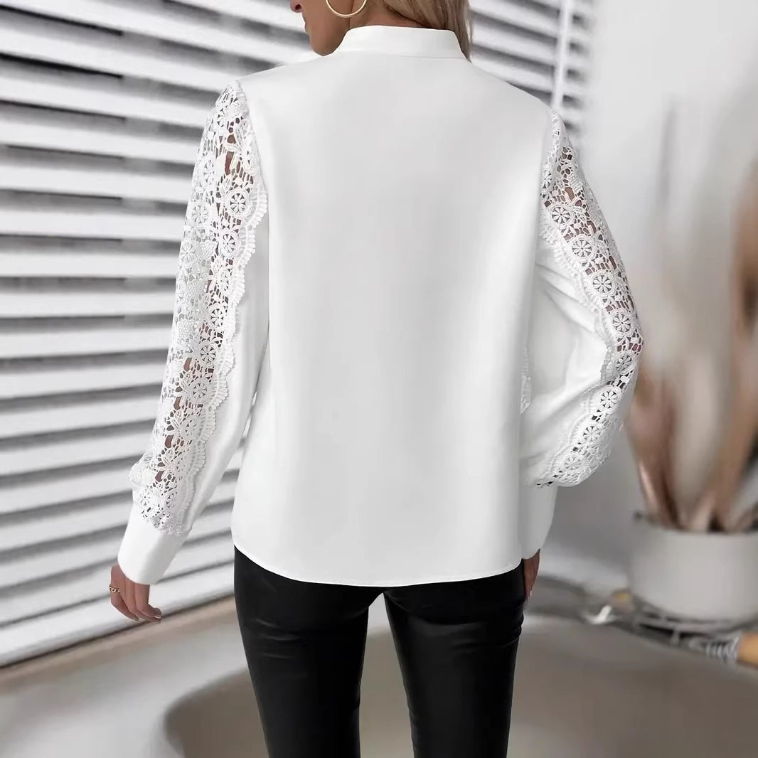 Pullover Blouse with Choker V-Neck and Lace Sleeves