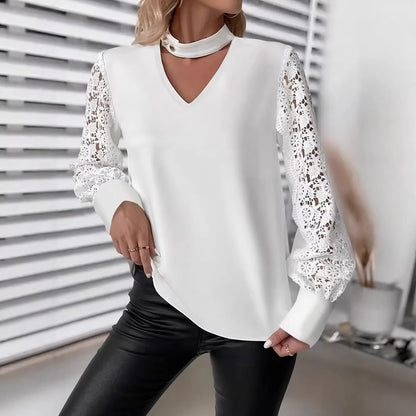 Pullover Blouse with Choker V-Neck and Lace Sleeves