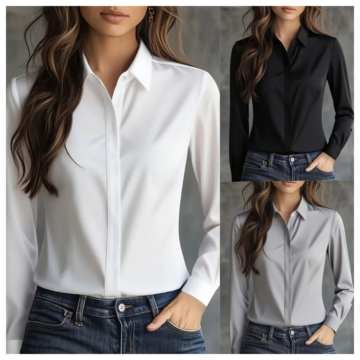 Solid Long-Sleeve Button-Down Blouse in Polyester