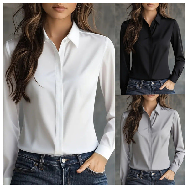 Solid Long-Sleeve Button-Down Blouse in Polyester