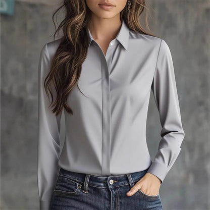 Solid Long-Sleeve Button-Down Blouse in Polyester
