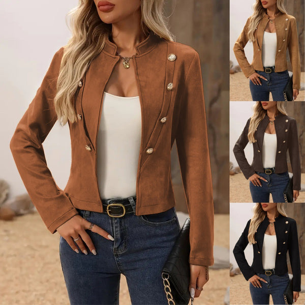 Faux Suede Cropped Jacket with Stand Collar and Decorative Buttons