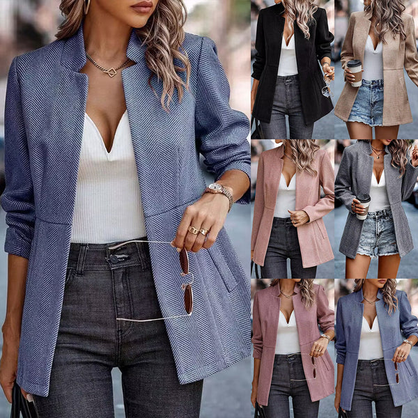 Herringbone Blazer with Suit Collar and Open Front