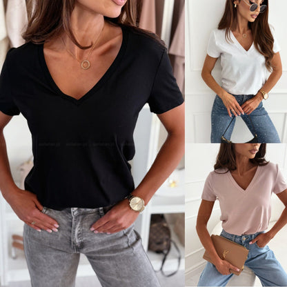 Solid Color Regular Fit T-Shirt with V-Neck and Short Sleeves