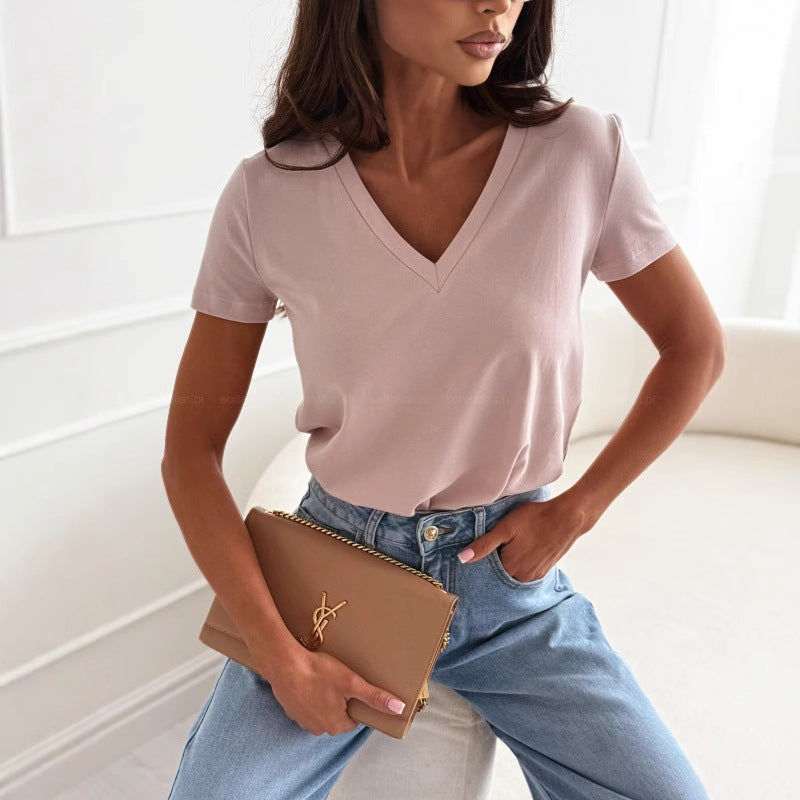 Solid Color Regular Fit T-Shirt with V-Neck and Short Sleeves