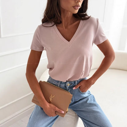 Solid Color Regular Fit T-Shirt with V-Neck and Short Sleeves