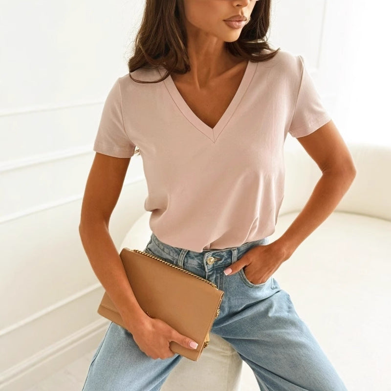 Solid Color Regular Fit T-Shirt with V-Neck and Short Sleeves