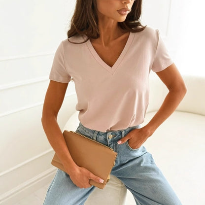 Solid Color Regular Fit T-Shirt with V-Neck and Short Sleeves