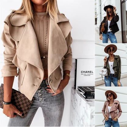 Cropped Faux Suede Jacket with Draped Lapel and Double-breasted Buttons