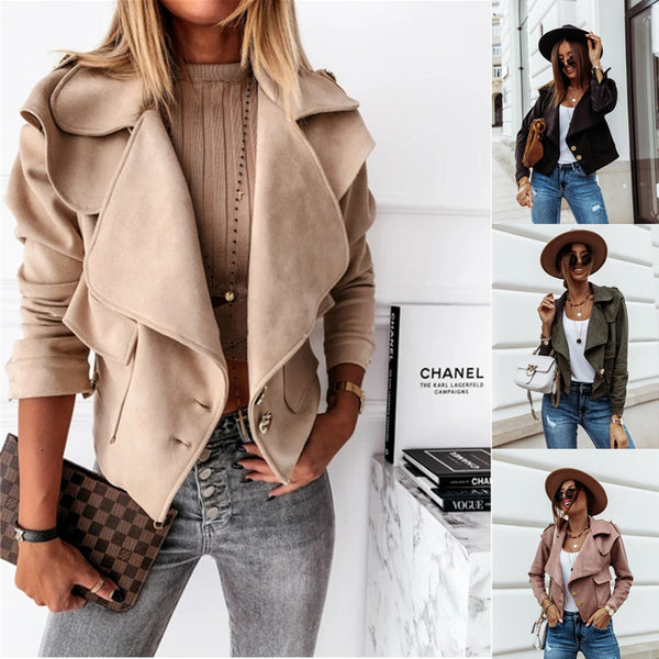 Cropped Faux Suede Jacket with Draped Lapel and Double-breasted Buttons