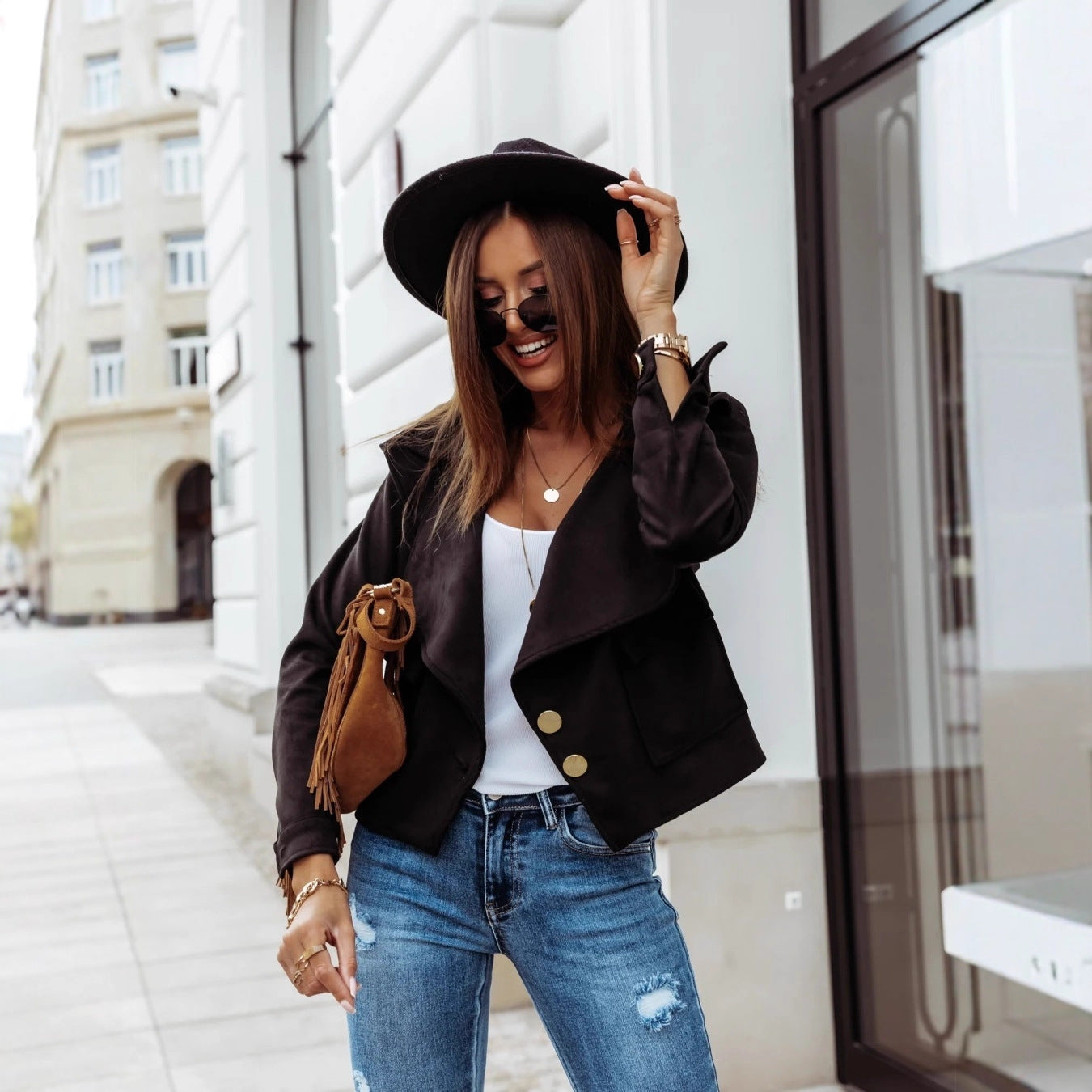 Cropped Faux Suede Jacket with Draped Lapel and Double-breasted Buttons