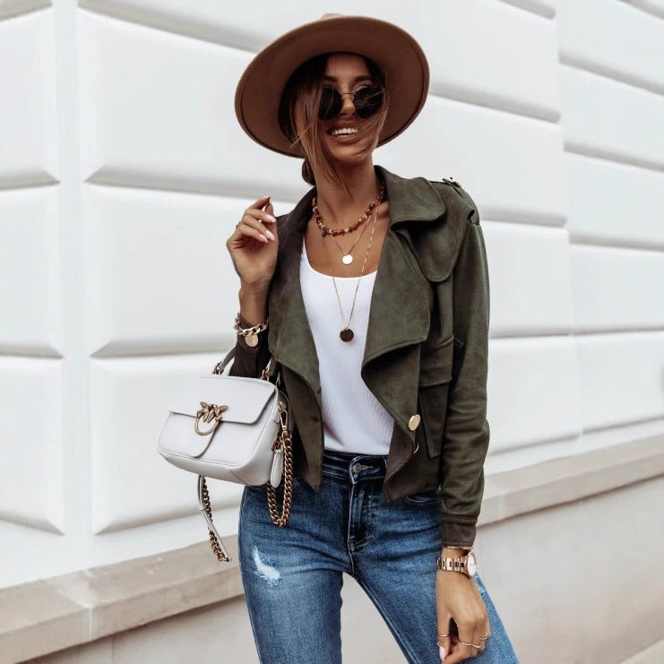 Cropped Faux Suede Jacket with Draped Lapel and Double-breasted Buttons