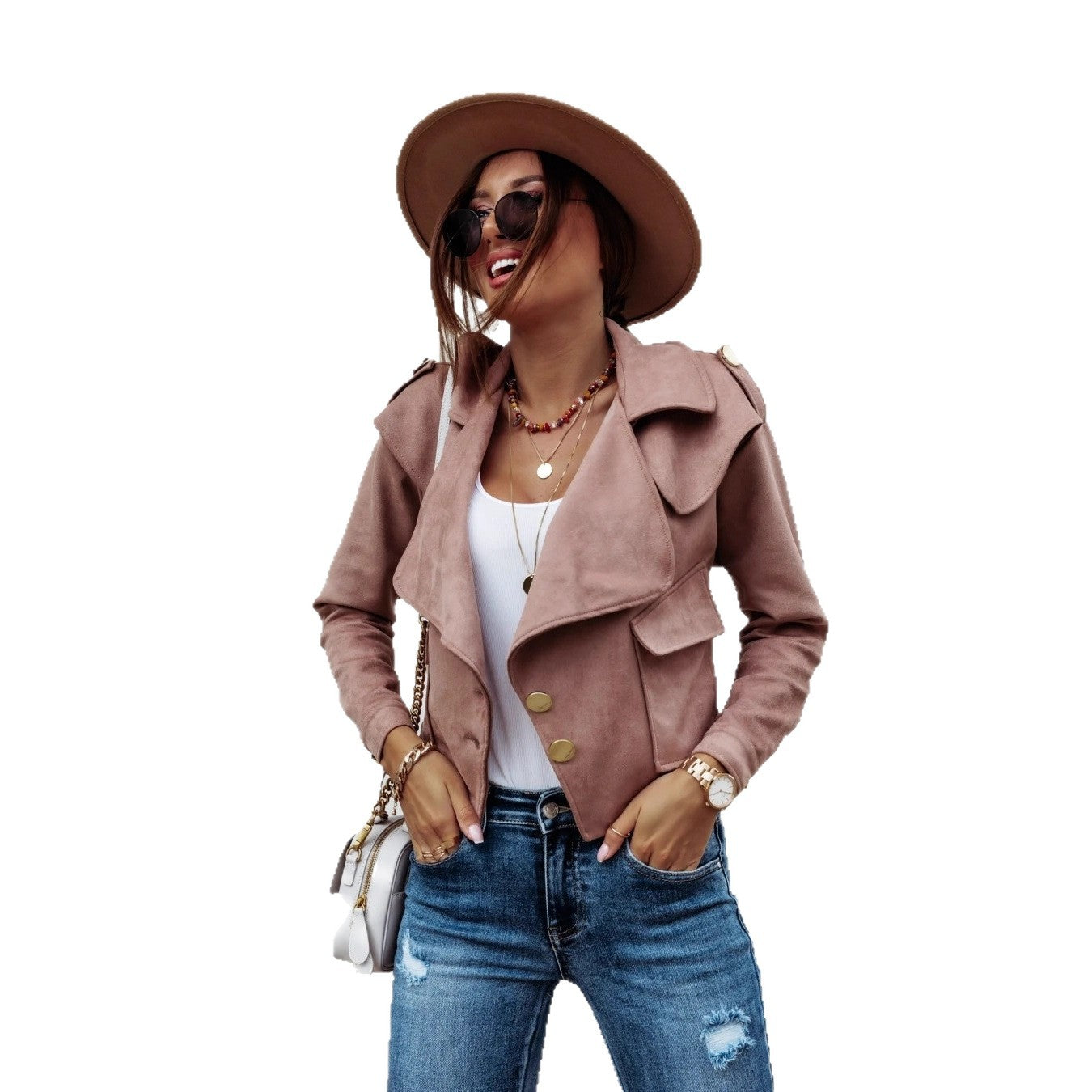 Cropped Faux Suede Jacket with Draped Lapel and Double-breasted Buttons