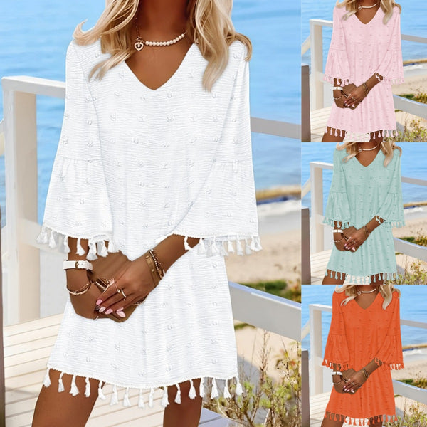 Loose Fit V-Neck Mini Dress with Tassel Bell Sleeves