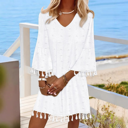 Loose Fit V-Neck Mini Dress with Tassel Bell Sleeves
