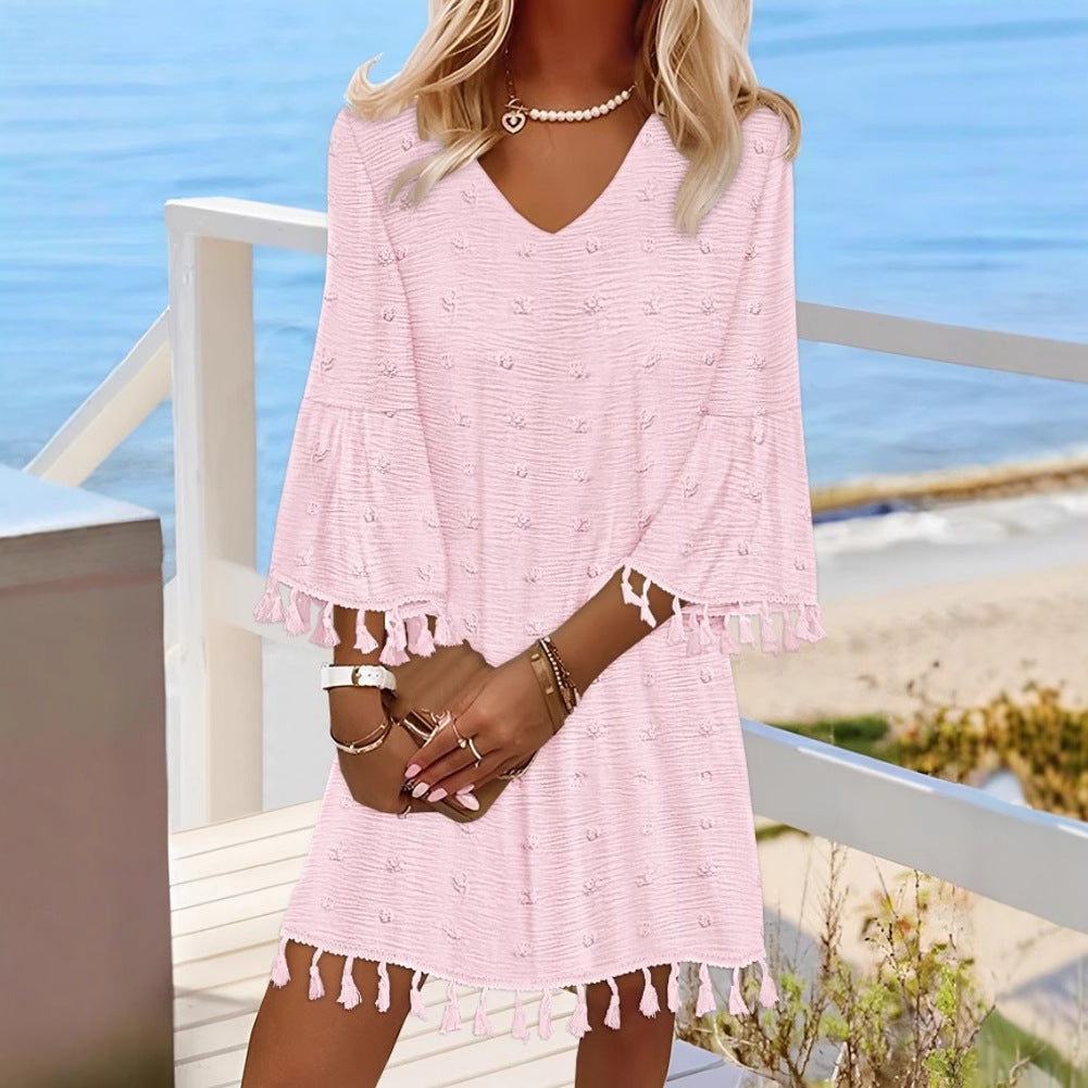 Loose Fit V-Neck Mini Dress with Tassel Bell Sleeves