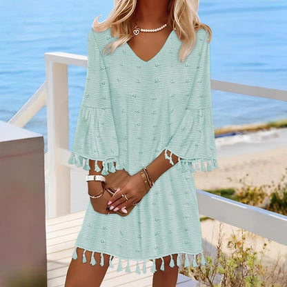 Loose Fit V-Neck Mini Dress with Tassel Bell Sleeves