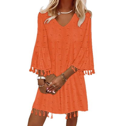 Loose Fit V-Neck Mini Dress with Tassel Bell Sleeves