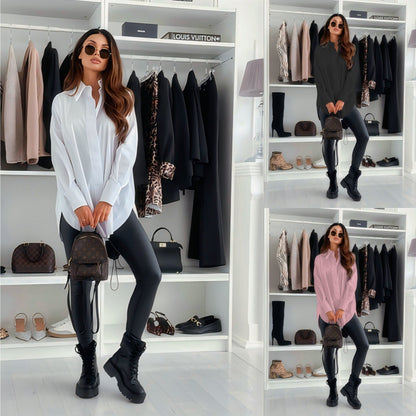 Oversized Solid Button-Down Shirt with Split Hem