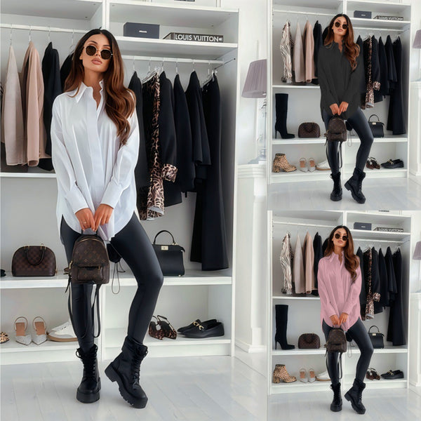 Oversized Solid Button-Down Shirt with Split Hem