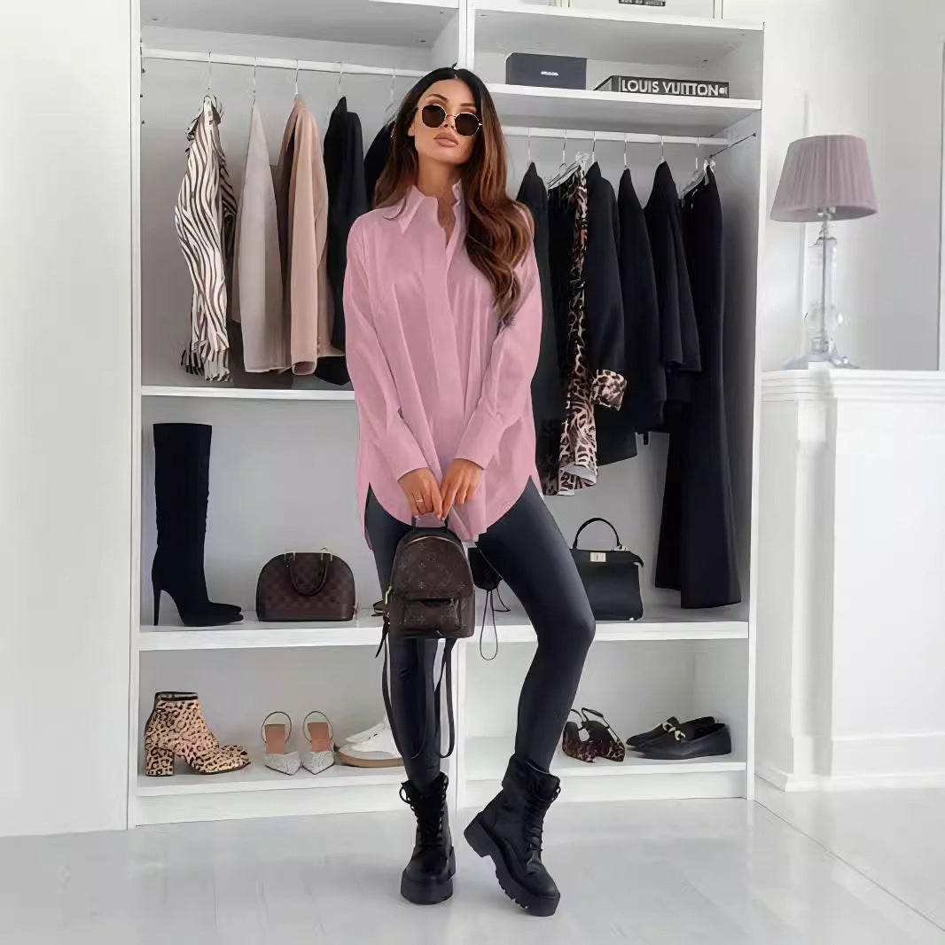 Oversized Solid Button-Down Shirt with Split Hem
