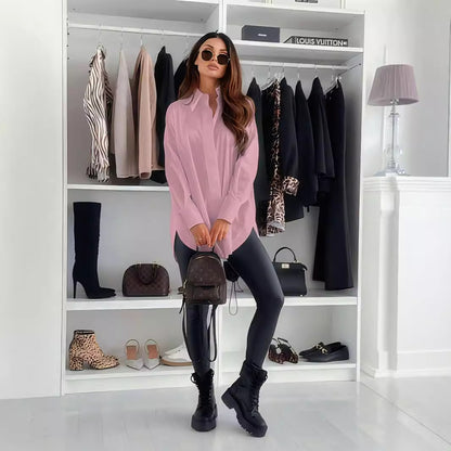 Oversized Solid Button-Down Shirt with Split Hem