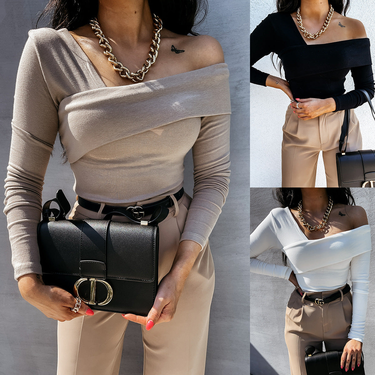 Solid Top with Asymmetrical Draped Neckline and Long Sleeves