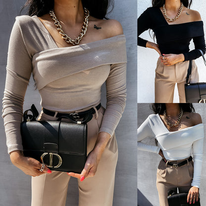 Solid Top with Asymmetrical Draped Neckline and Long Sleeves
