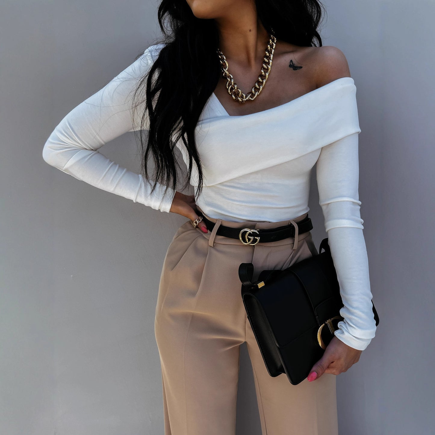 Solid Top with Asymmetrical Draped Neckline and Long Sleeves