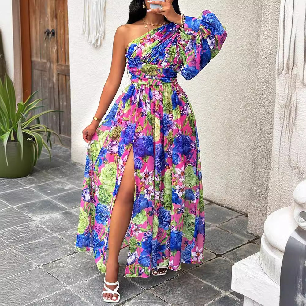 Floral Maxi Dress with One-Shoulder Lantern Sleeve and Slit