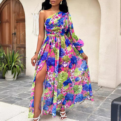 Floral Maxi Dress with One-Shoulder Lantern Sleeve and Slit