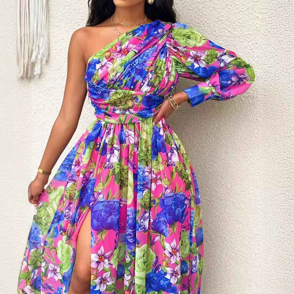Floral Maxi Dress with One-Shoulder Lantern Sleeve and Slit