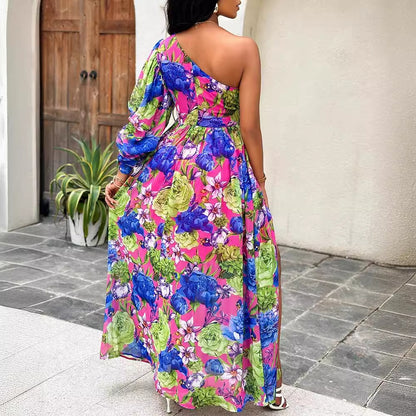 Floral Maxi Dress with One-Shoulder Lantern Sleeve and Slit