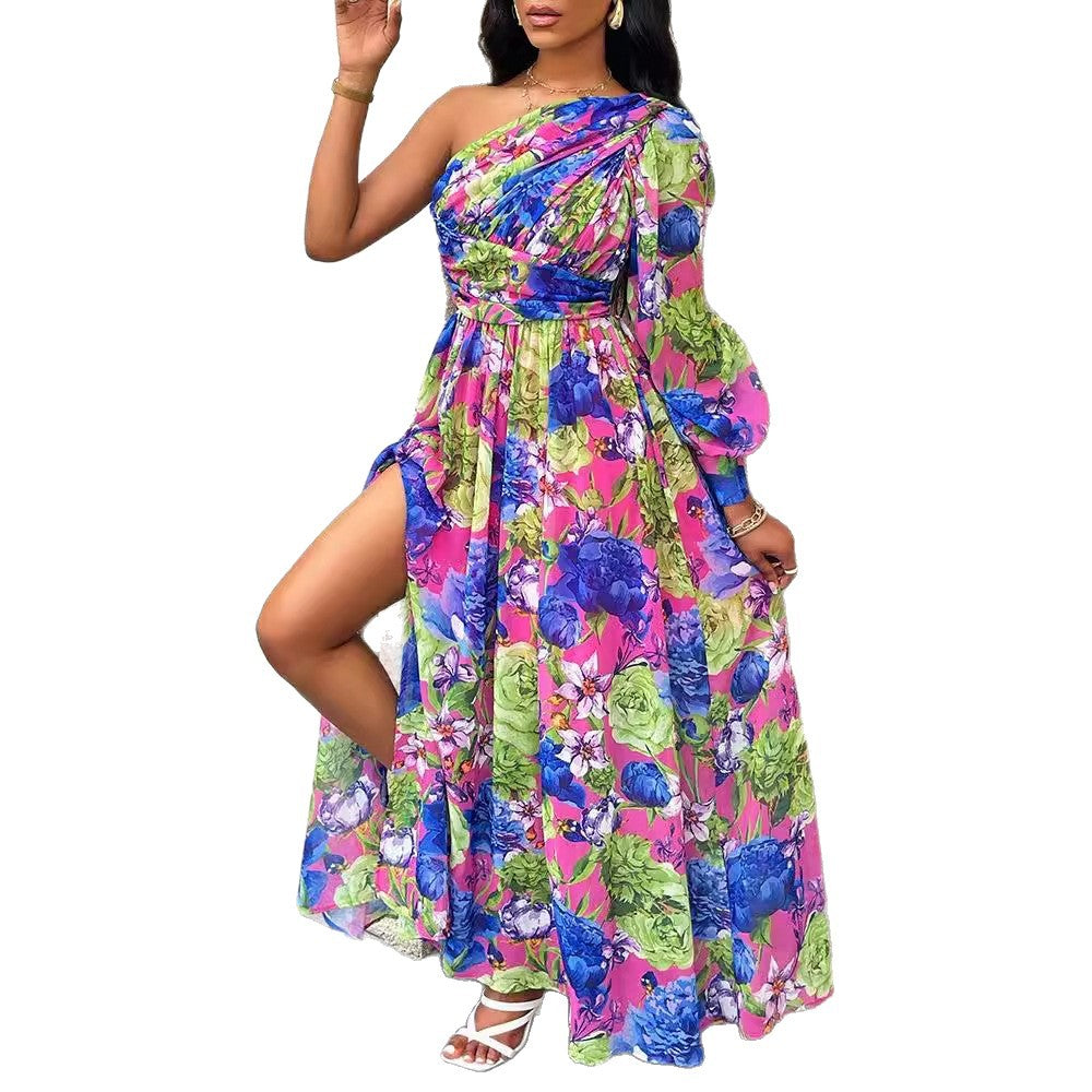 Floral Maxi Dress with One-Shoulder Lantern Sleeve and Slit