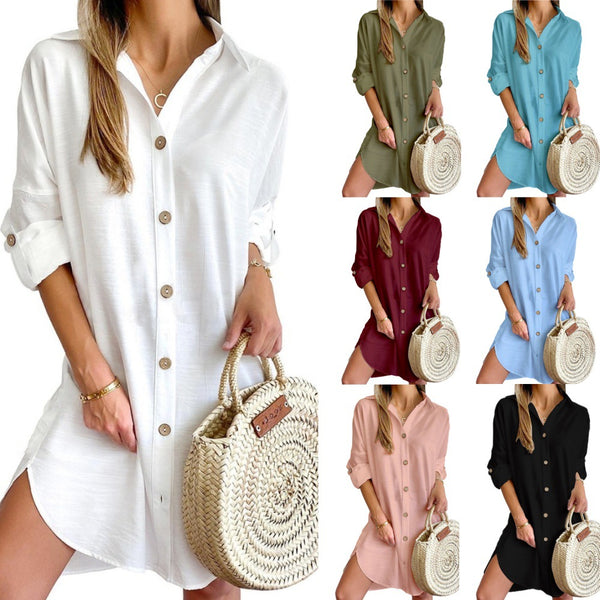 Oversized Shirt Dress with Lapel Collar and Roll-Tab Sleeves