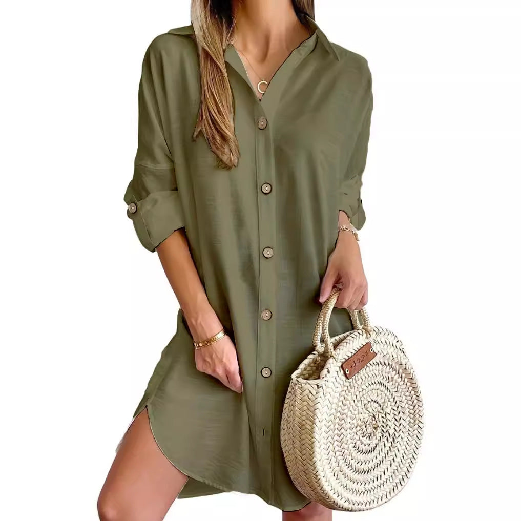 Oversized Shirt Dress with Lapel Collar and Roll-Tab Sleeves