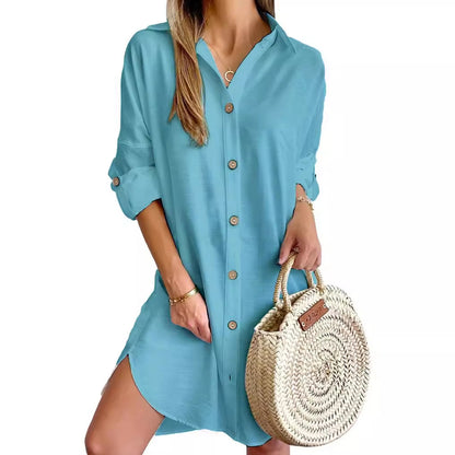 Oversized Shirt Dress with Lapel Collar and Roll-Tab Sleeves