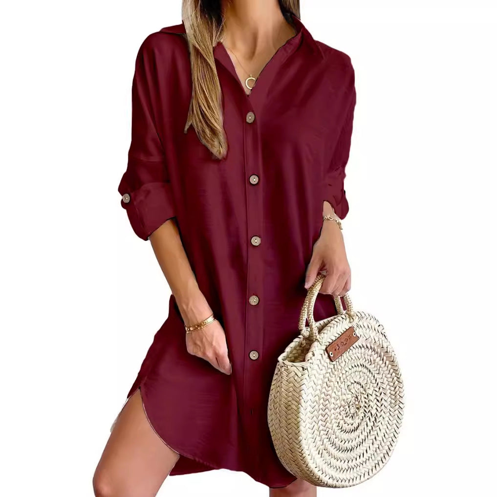 Oversized Shirt Dress with Lapel Collar and Roll-Tab Sleeves