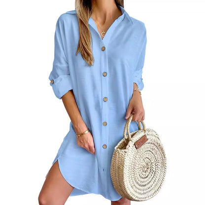 Oversized Shirt Dress with Lapel Collar and Roll-Tab Sleeves