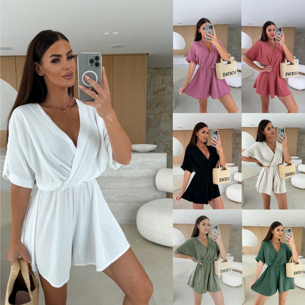 Wrap Front V-Neck Romper with Cinched Waist