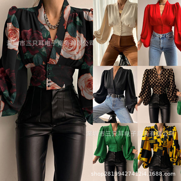 Solid Blouse with V-Neck, Lantern Sleeves, and Button-Front Waist