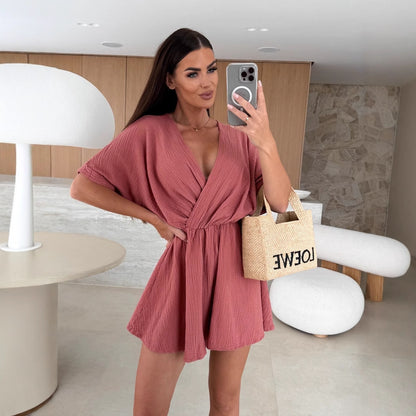 Wrap Front V-Neck Romper with Cinched Waist