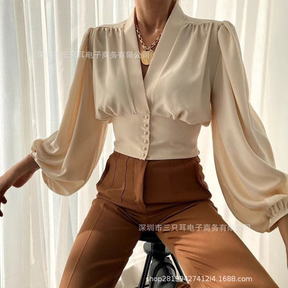 Solid Blouse with V-Neck, Lantern Sleeves, and Button-Front Waist