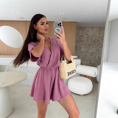Wrap Front V-Neck Romper with Cinched Waist