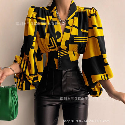 Solid Blouse with V-Neck, Lantern Sleeves, and Button-Front Waist