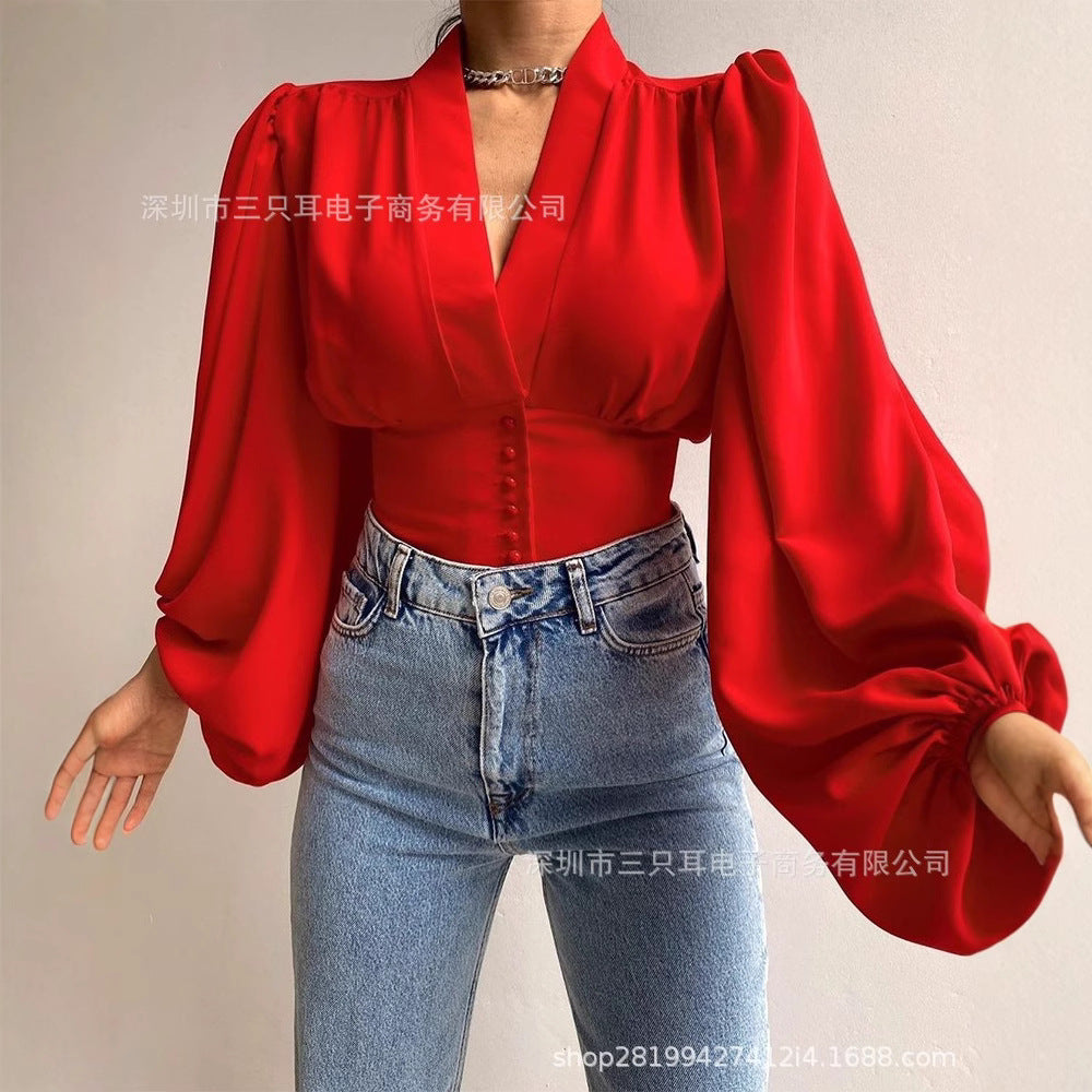 Solid Blouse with V-Neck, Lantern Sleeves, and Button-Front Waist
