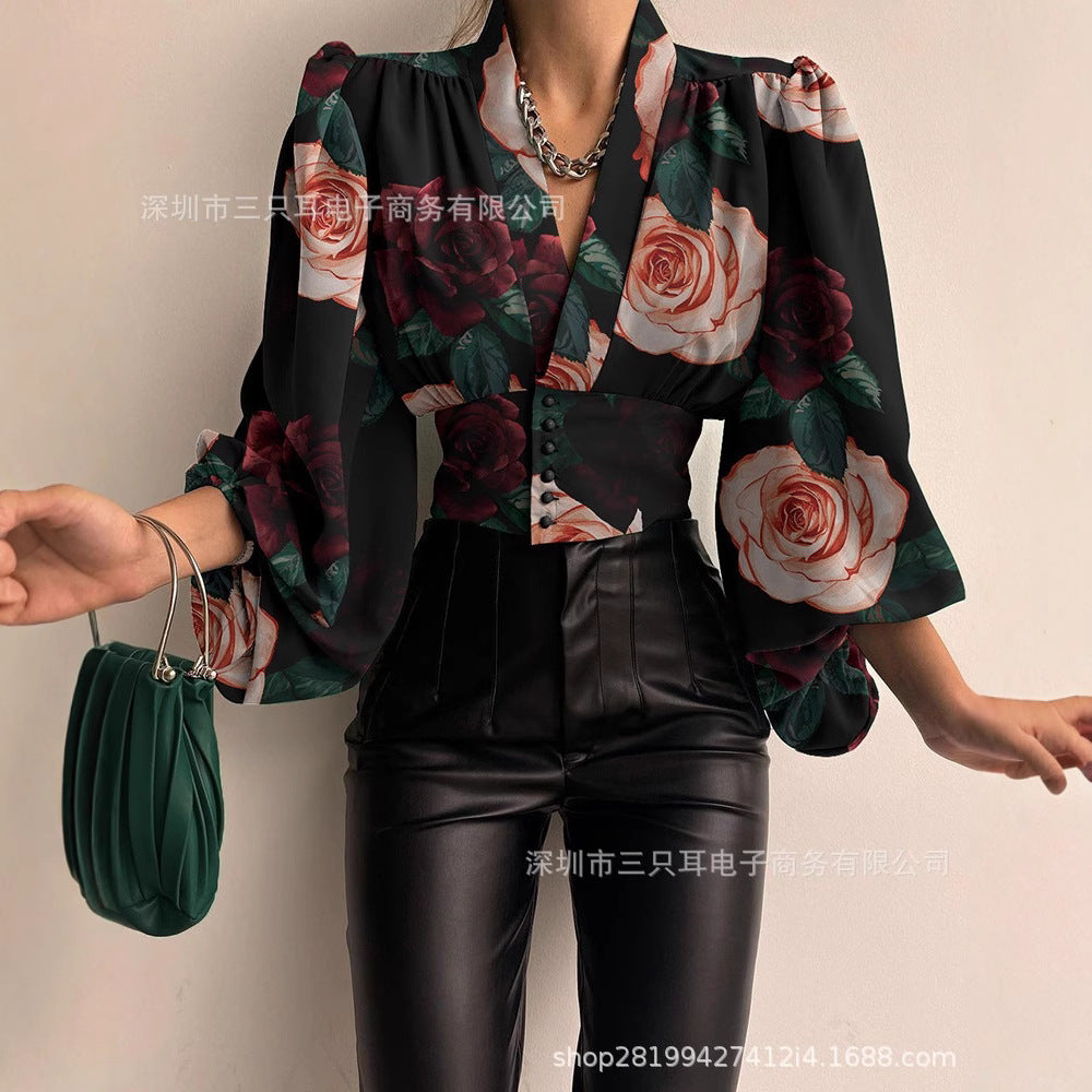 Solid Blouse with V-Neck, Lantern Sleeves, and Button-Front Waist